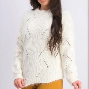 Soft White Crew Neck Sweater with Fuzzy Texture and Subtle Pattern